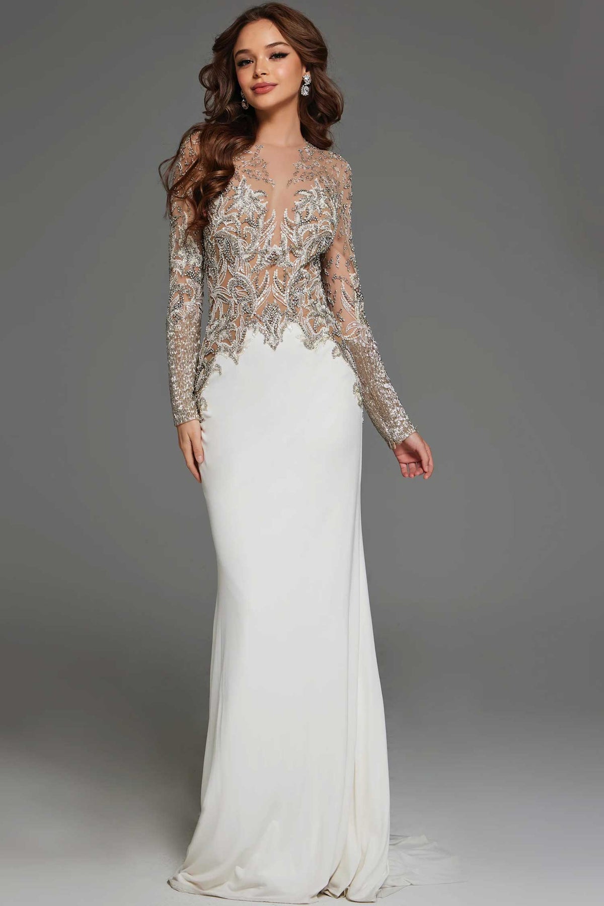 jovani 88983 - long sleeve applique tulle bridal gown