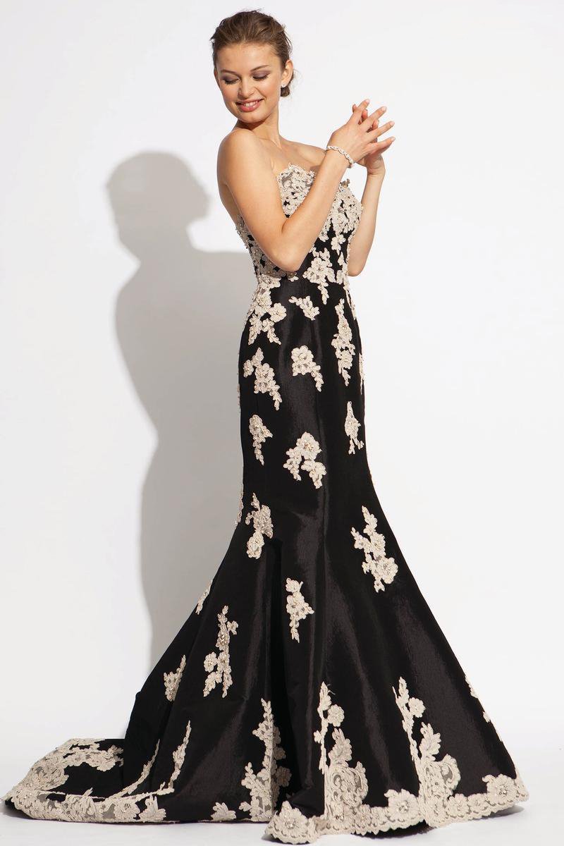 Jovani - 89462 Lace Appliqued Strapless Mermaid Gown Special Occasion Dress 00 / Black Champane