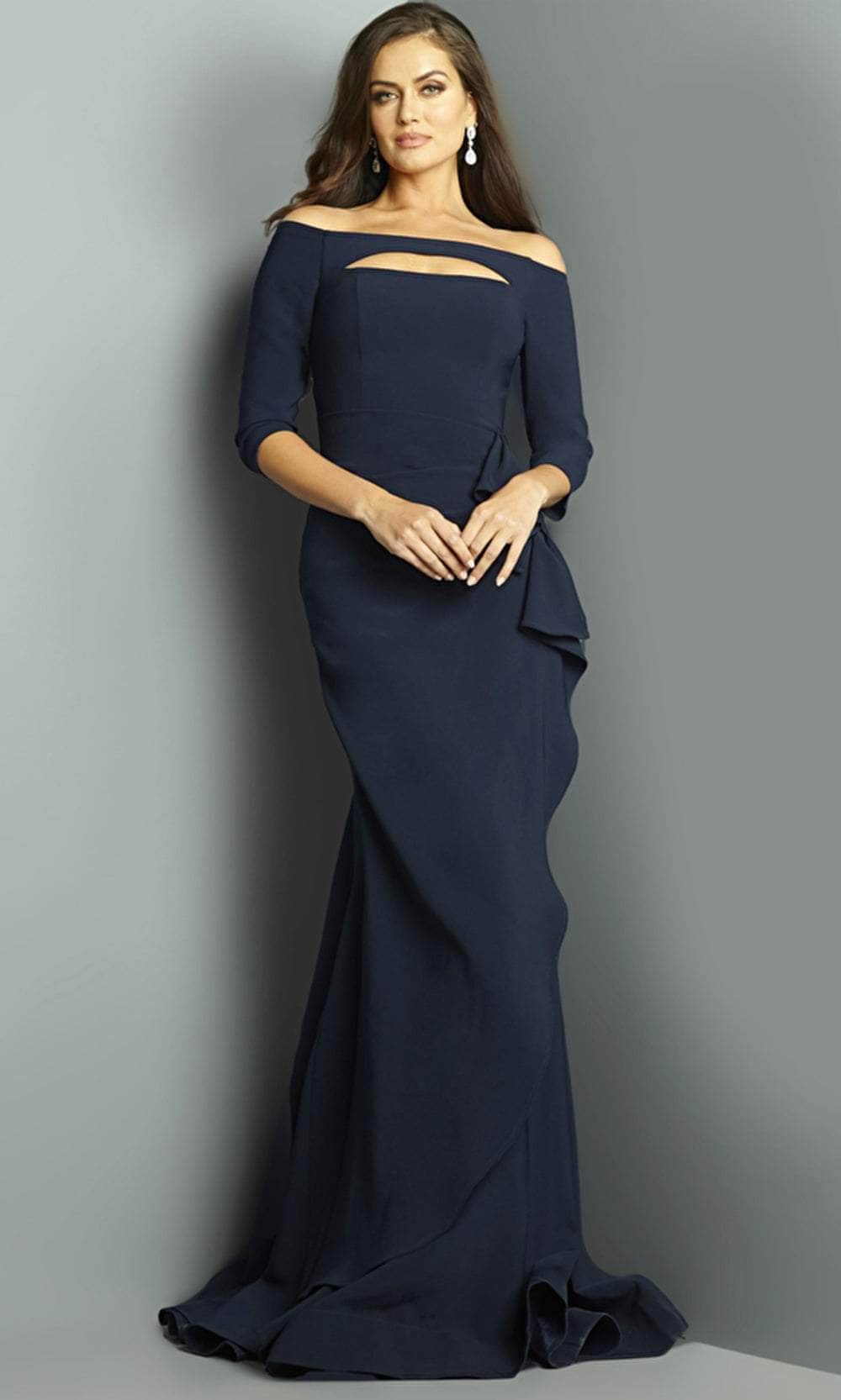 Jovani 9623 - Off-Shoulder Quarter Sleeve Evening Dress Evening Dresses 00 / Navy