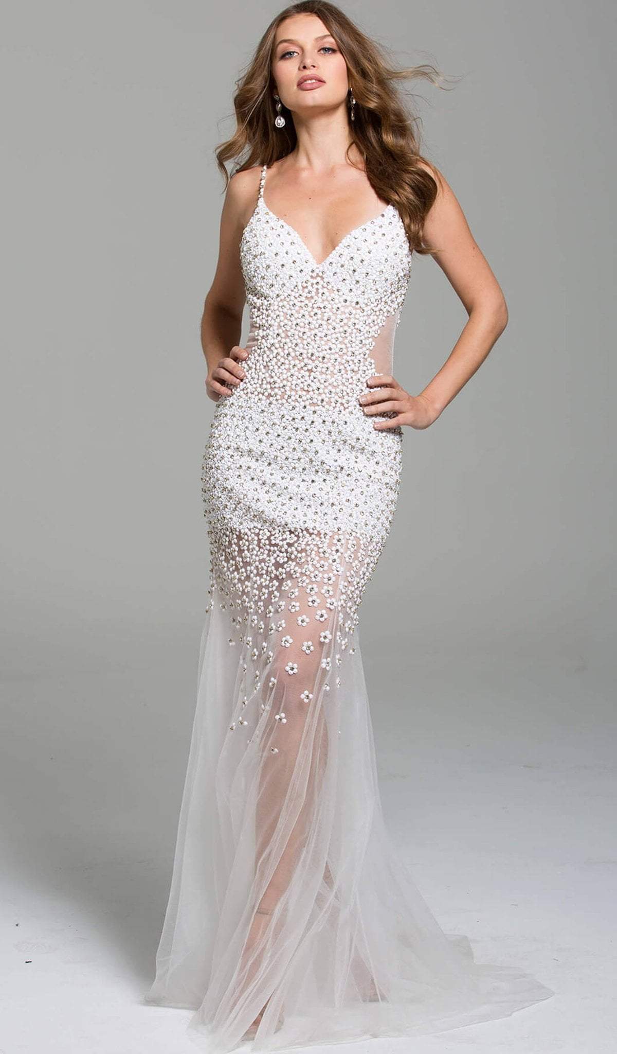 Jovani - Beaded Plunging V-neck Tulle Trumpet Dress 60695SC - 1 pc Off-White In Size 8 Available CCSALE 8 / Off-White