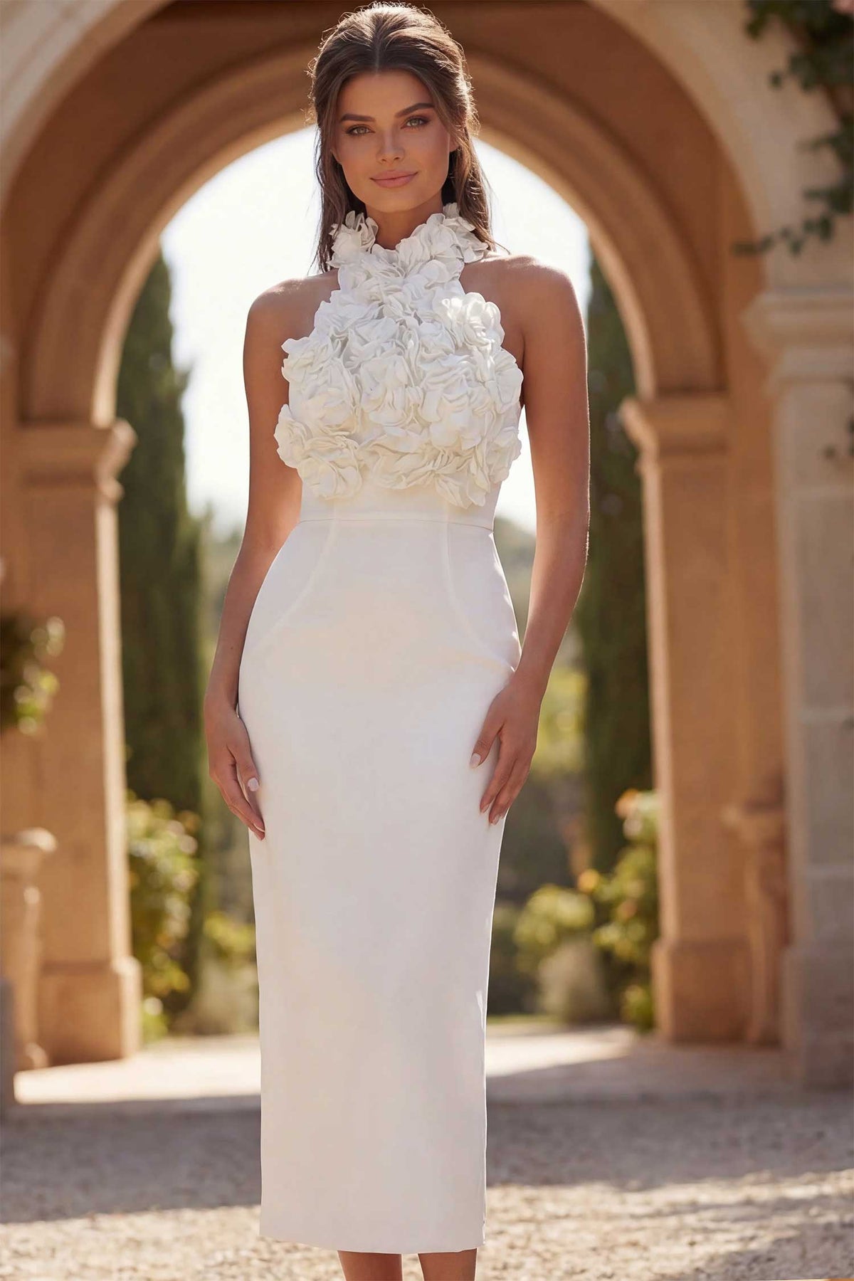 Jovani Bridal 48214 - Open Back Floral Applique Midi Dress