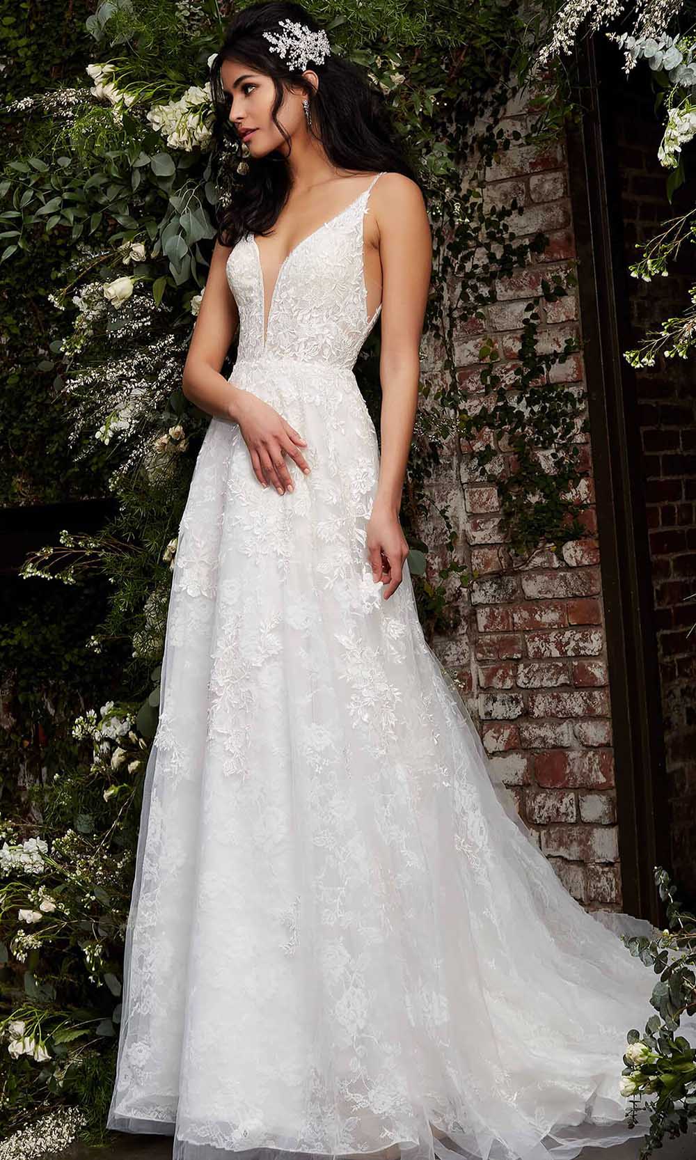 Ball Gown Jovani Bridal Dresses Jovani Bridal JB07147 Long A-Line Dress Sleeveless, Lace, Plunging Neckline, Beaded Straps, V-open Back, Train Ivory Ball Gown Jovani Bridal Dresses Jovani Bridal JB07147 Long A-Line Dress Sleeveless, Lace, Plunging Neckline, Beaded Straps, V-open Back, Train Ivory