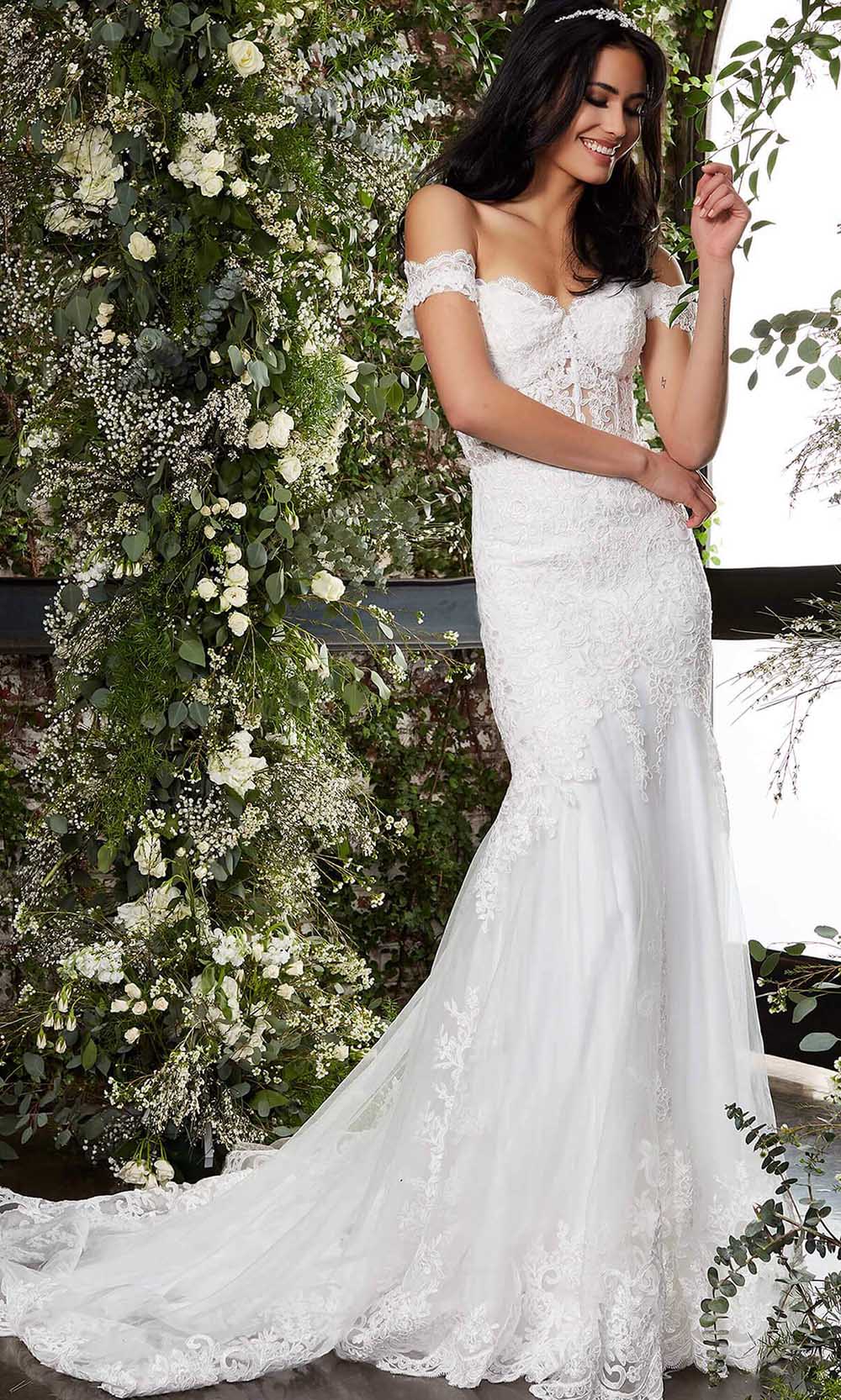 sheer lace corset wedding dress Eleven Lace Corset Wedding Dress | Sheer Fit & Flare Bridal Gown