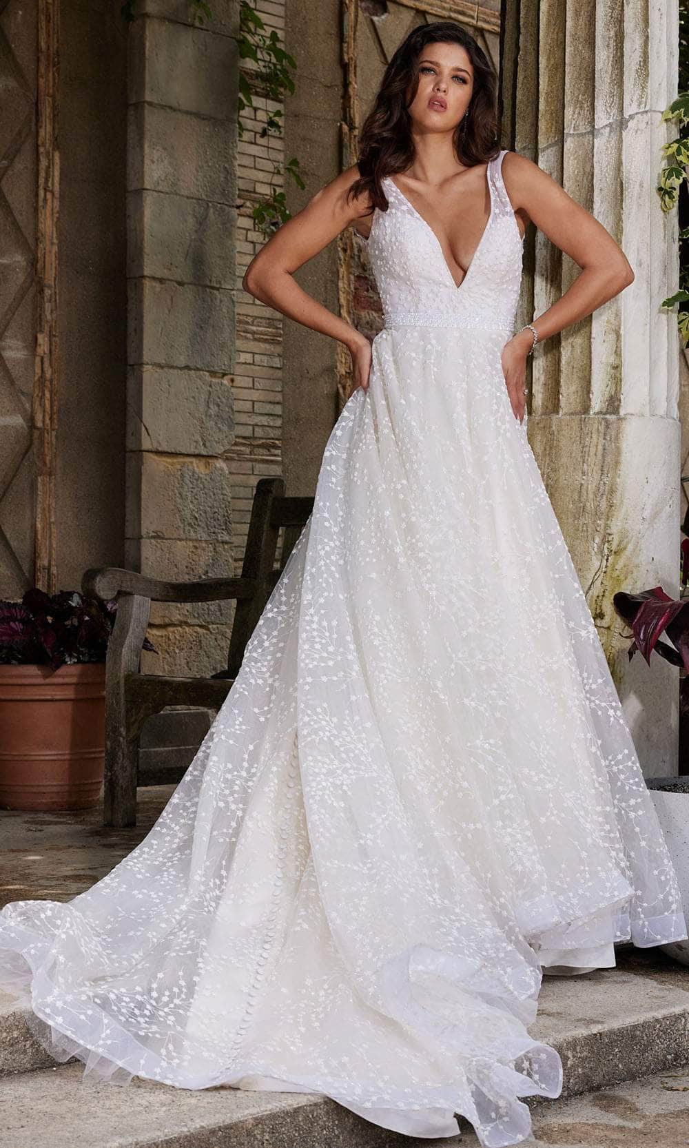 Jovani Bridal JB09491 - V-Neck Belted Waist Bridal Gown Bridal Dresses