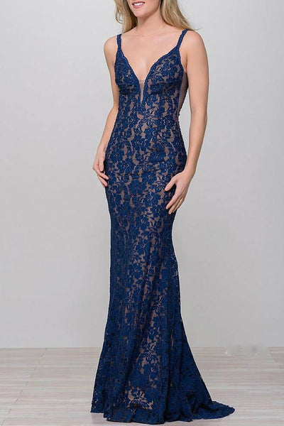 Jovani - Fitted Lace Prom Dress 48994 Prom Dresses 00 / Navy