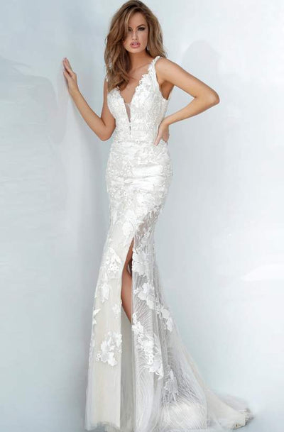 Jovani - Floral Embroidered Lace Deep V-neck Trumpet Dress 02444SC - 1 pc White/Nude In Size 8 Available CCSALE 8 / White/Nude