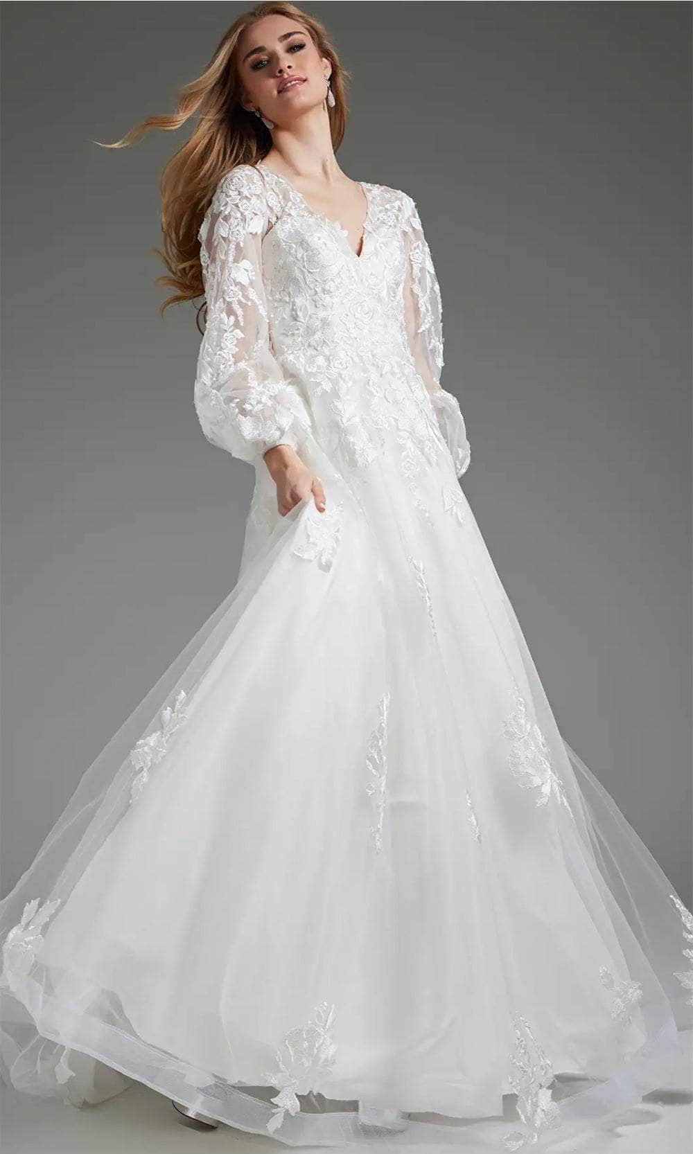 Jovani JB25731 - Long Tulle A-Line Dress - Bishop Sleeves, Embroidered Florals, Beaded, Sheer Back, Button Down, Sweep Train 4 / Off-White Jovani JB25731 - Long Tulle A-Line Dress - Bishop Sleeves, Embroidered Florals, Beaded, Sheer Back, Button Down, Sweep Train 4 / Off-White