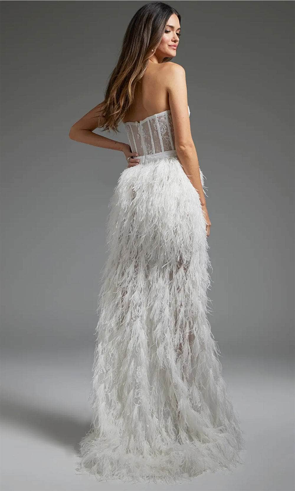 Jovani JB37327 - Long Sheath Dress - Strapless, Illusion Inset, Corset Boning, Embroidered, Feather, High Slit, Sheer Midrise Back, Concealed Zipper Jovani JB37327 - Long Sheath Dress - Strapless, Illusion Inset, Corset Boning, Embroidered, Feather, High Slit, Sheer Midrise Back, Concealed Zipper
