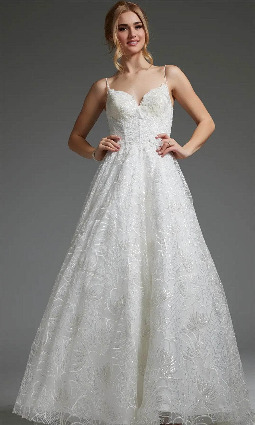 Jovani JB422225 - Long A-Line Dress - Spaghetti Strap, Sequin, Embroidered, Floral Lace Applique, Illusion V-Back, Buttons Closure, Court Train 2 / Jovani JB422225 - Long A-Line Dress - Spaghetti Strap, Sequin, Embroidered, Floral Lace Applique, Illusion V-Back, Buttons Closure, Court Train 2 /