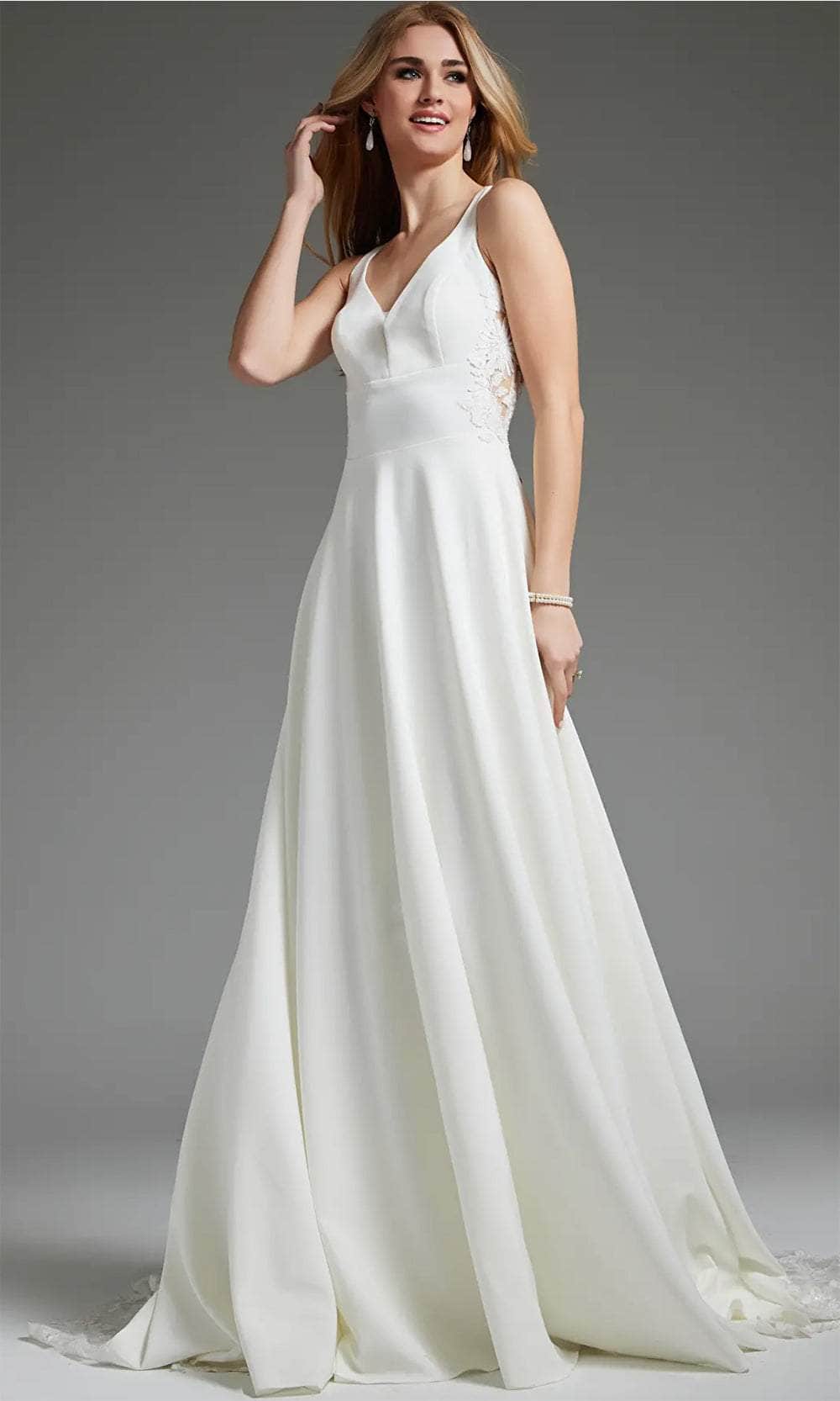 Jovani JB42294 - V-Neck Crepe A-Line Bridal Gown Bridal Dresses 00  Ivory/Nude