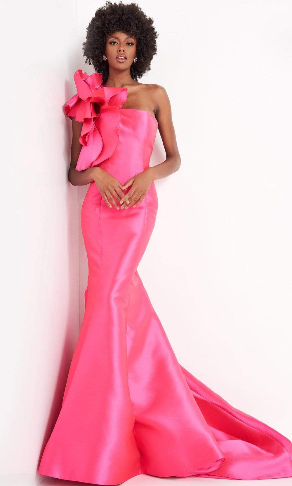 Jovani - JVN00650 Oversized Floral Detail One Shoulder Gown Prom Dresses 00 / Fuchsia
