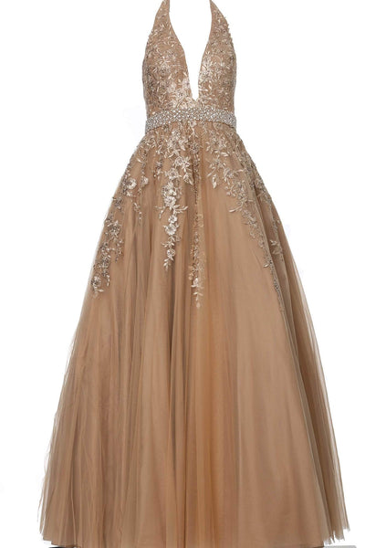 Jovani - JVN00923 Crystal-Beaded Embroidered A-Line Gown Prom Dresses 00 / Gold