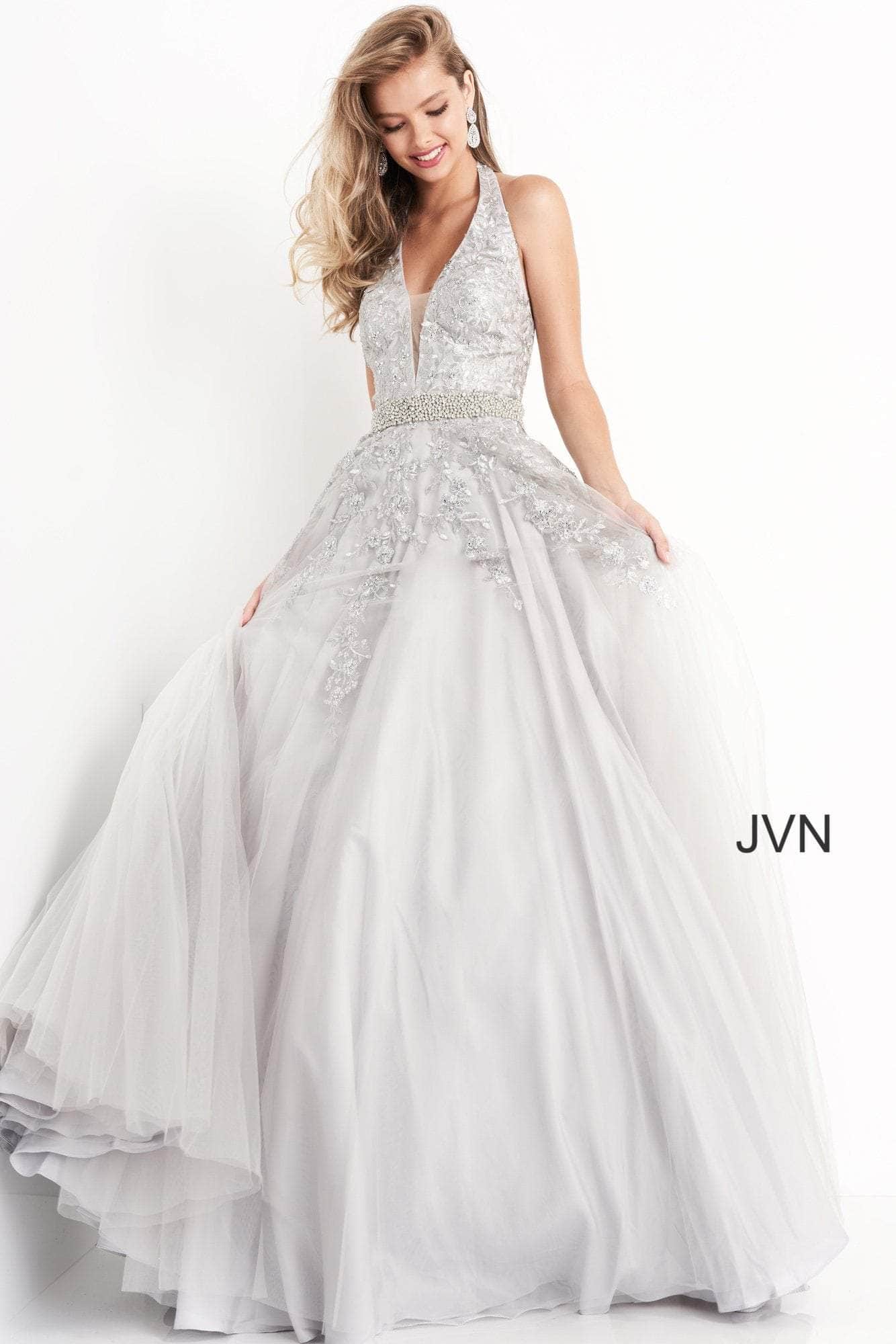 Jovani - JVN00923 Crystal-Beaded Embroidered A-Line Gown Prom Dresses 00 / Silver