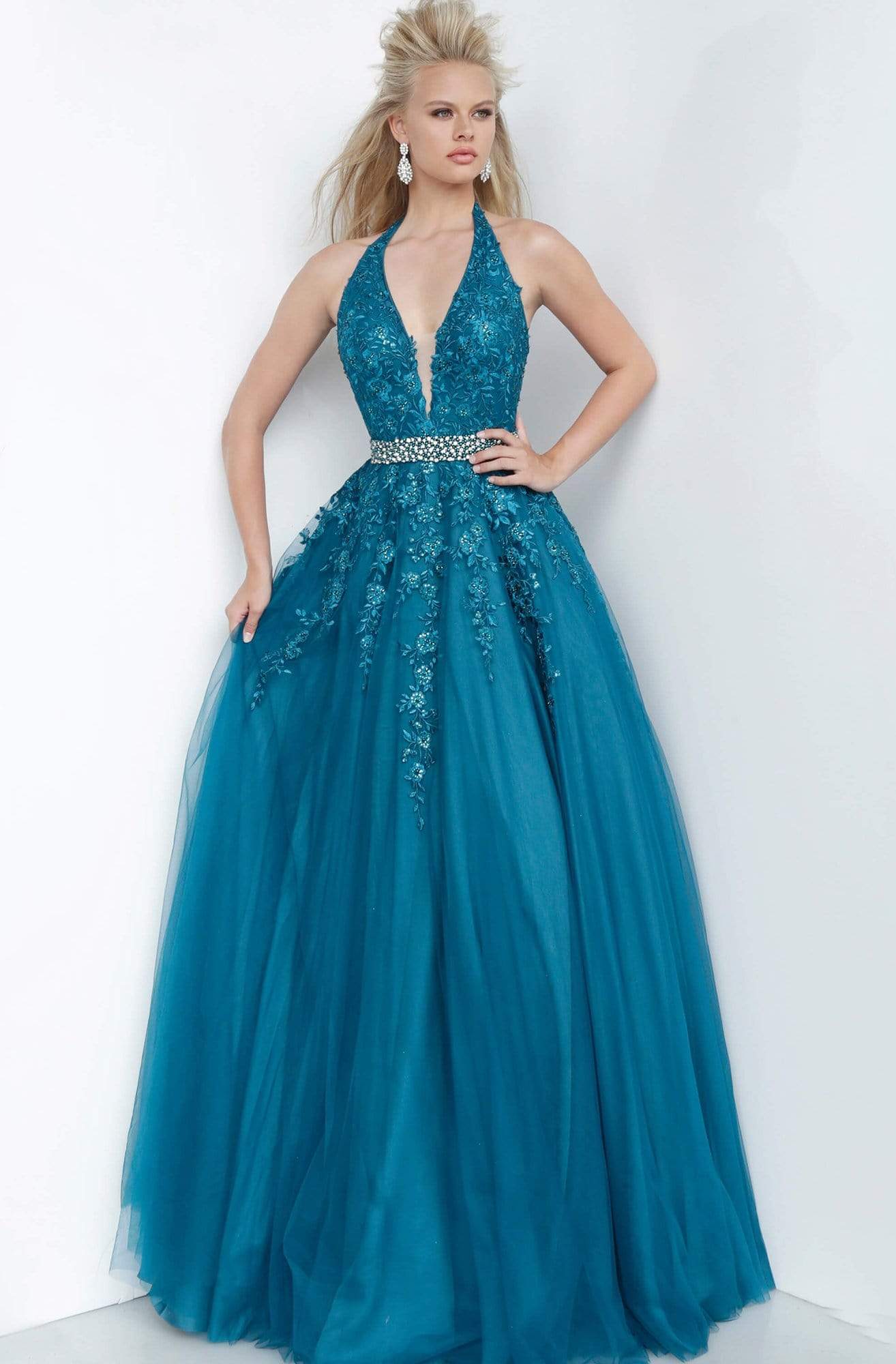 Jovani - JVN00923 Crystal-Beaded Embroidered A-Line Gown Prom Dresses 00 / Teal