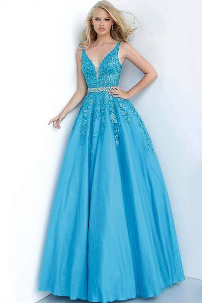 Jovani - JVN00925 Embroidered Deep V-neck Ballgown Ball Gowns 00 / Turquoise