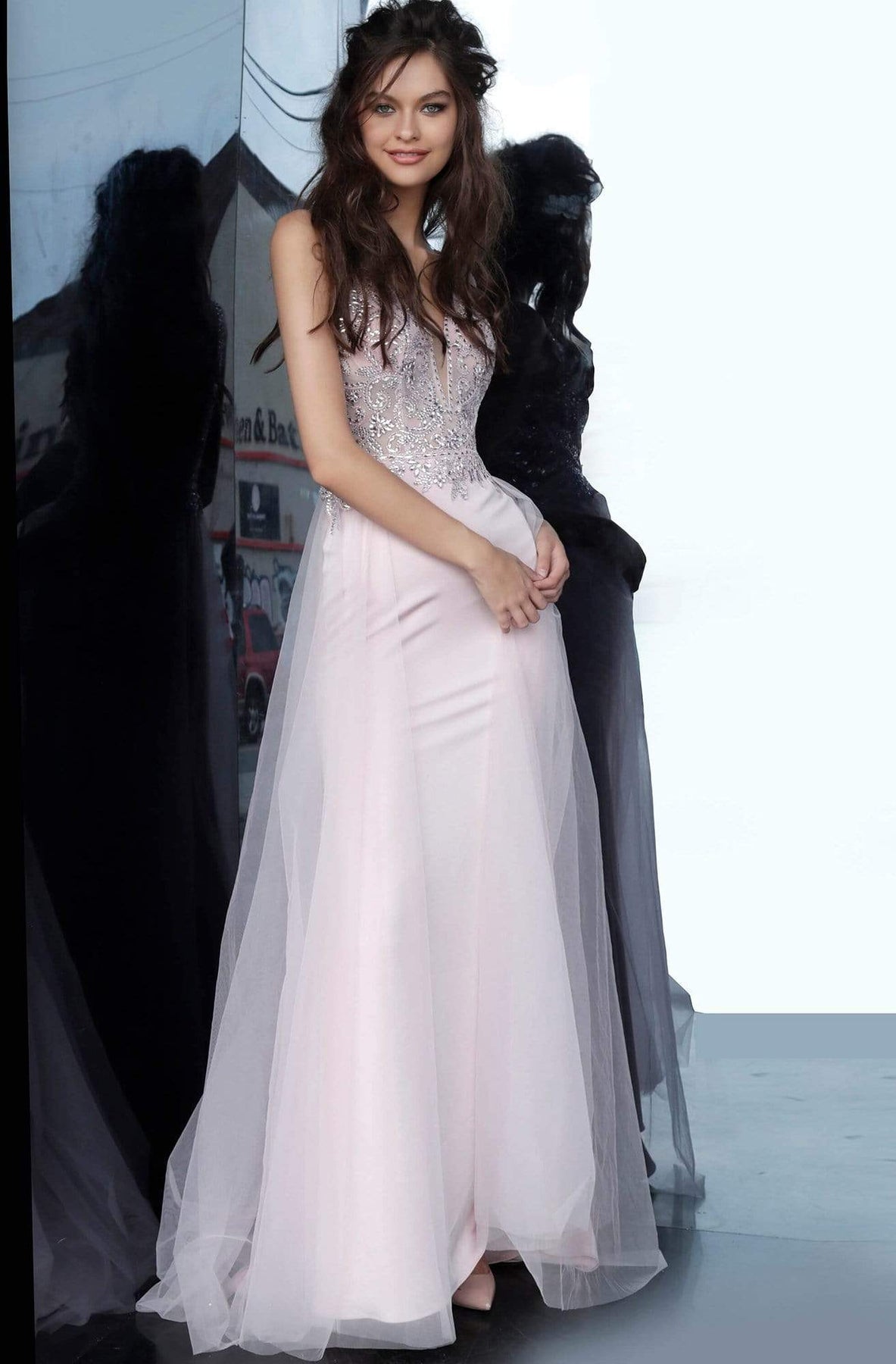 Jovani - JVN02253 Ornate Plunging Bodice Long Overskirt Gown Evening Dresses