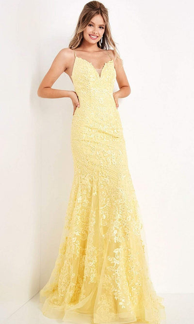 Jovani - JVN02258 Embroidered V Neck Trumpet Gown Prom Dresses 00 / Light-Yellow