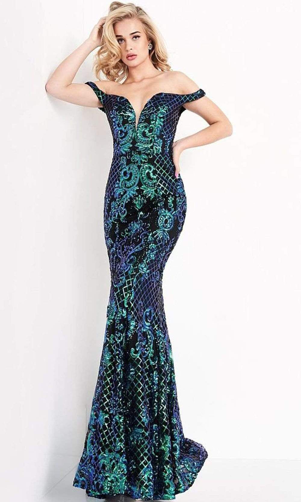 Jovani - JVN04515 Plunging Off Shoulder Neckline Embellished Gown Prom Dresses 00 / Black/Multi