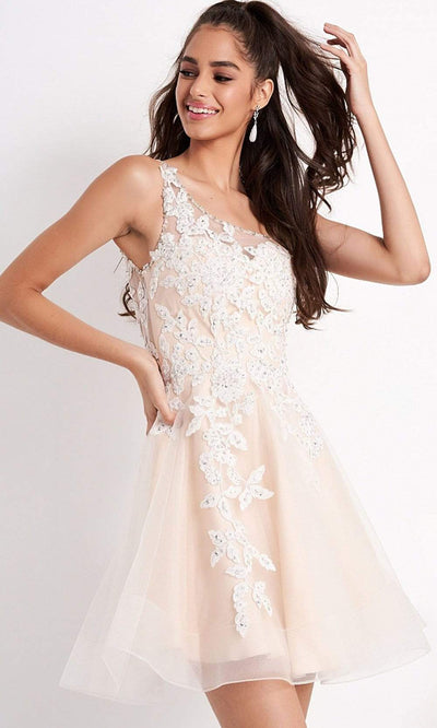 Jovani - JVN04705 Embroidered Asymmetric A-line Cocktail Dress Homecoming Dresses 00 / Off-White/Nude