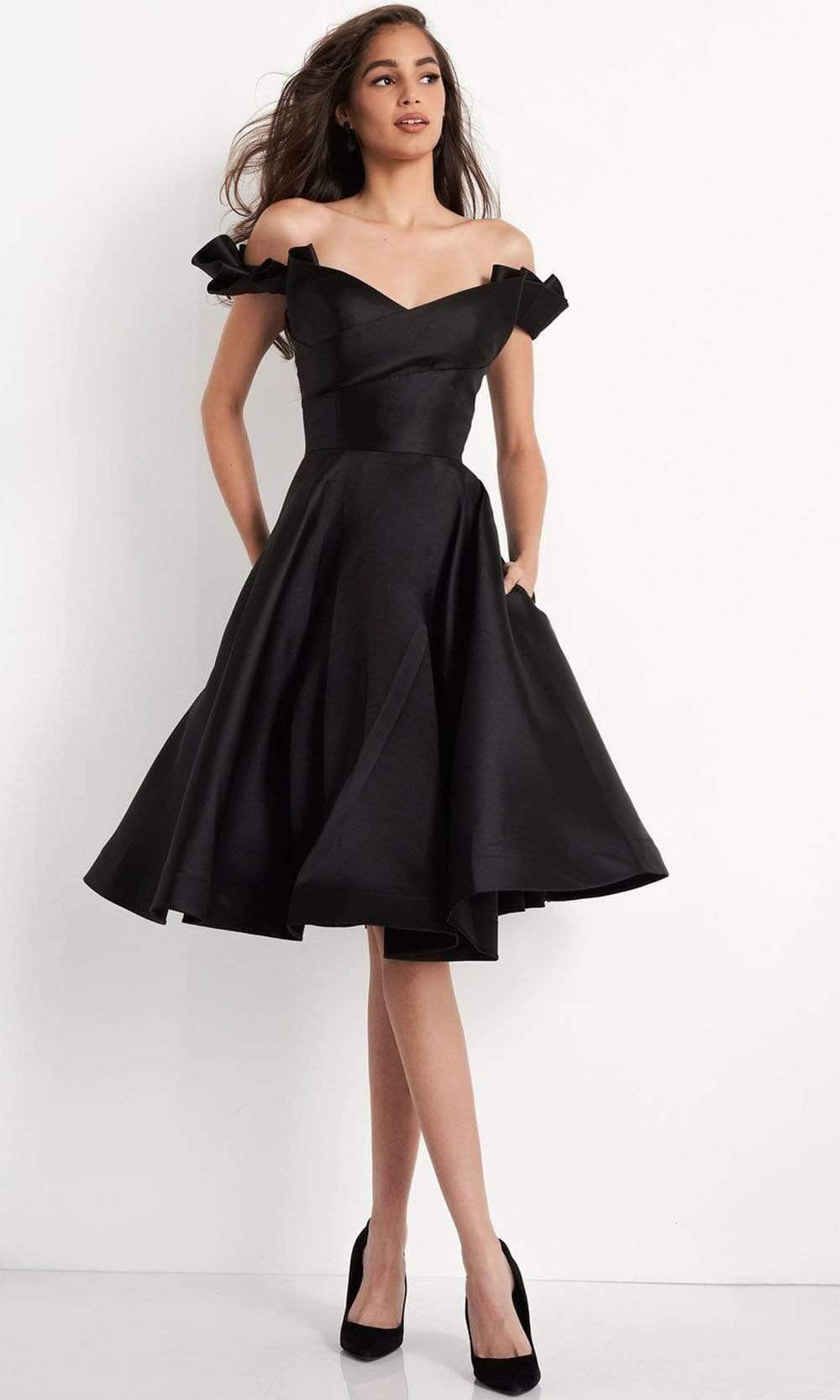 Jovani - JVN04718 Ruffled Off-Shoulder Sleeve A-Line Cocktail Dress Cocktail Dresses 00 / Black
