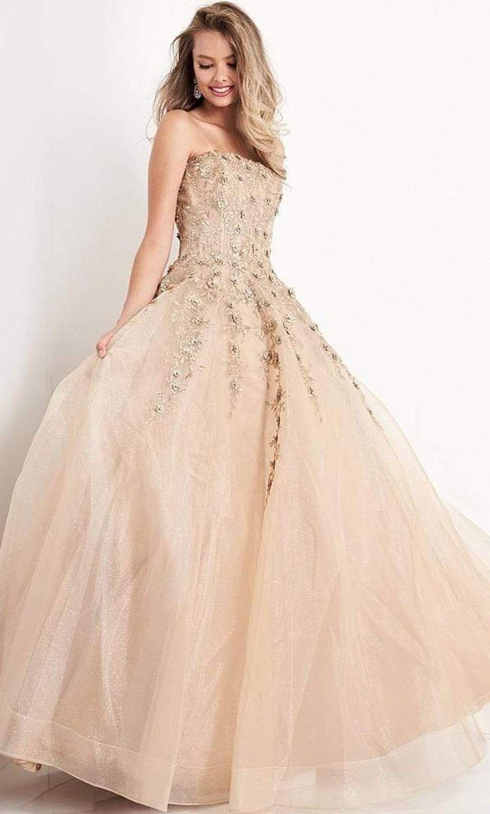 Jovani - JVN05451 Strapless Floral Embroidered Glitter Ballgown Ball Gowns 00 / Gold