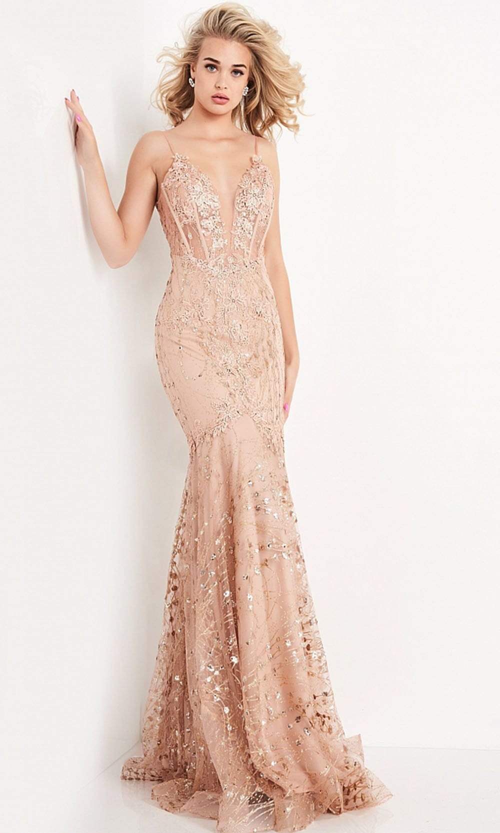 Jovani - JVN05788 Lace Embellished Trumpet Dress Evening Dresses 00 / Champagne