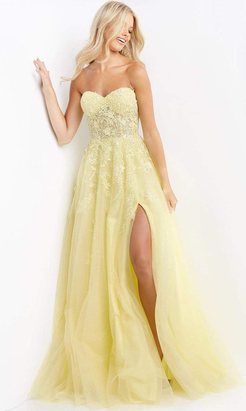 jovani yellow lace dress Jovani 08416 Floral Bodice Prom Long Dress