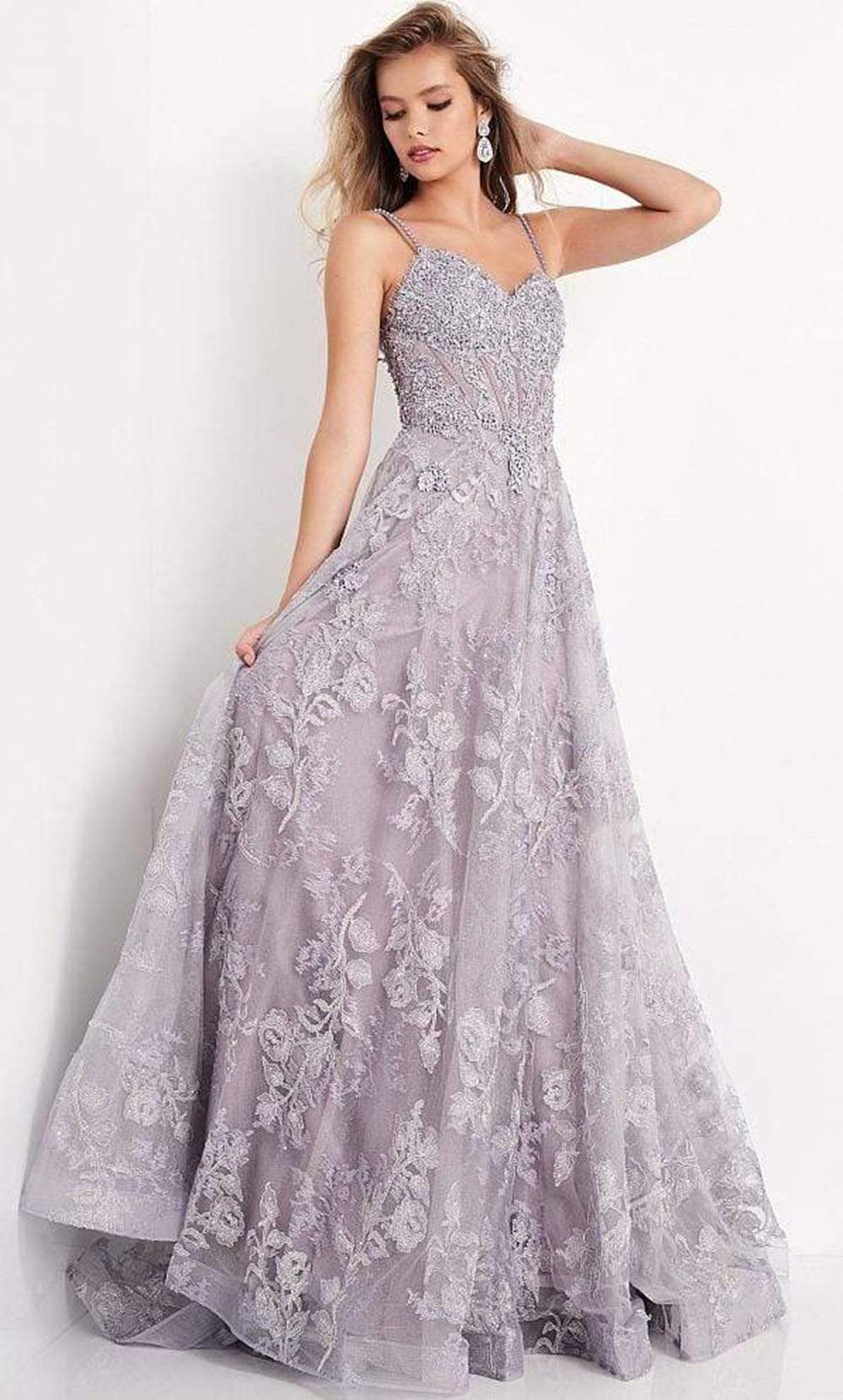 Jovani - JVN06474 Appliqued Corset Bodice A-Line Gown Prom Dresses 00 / Lilac