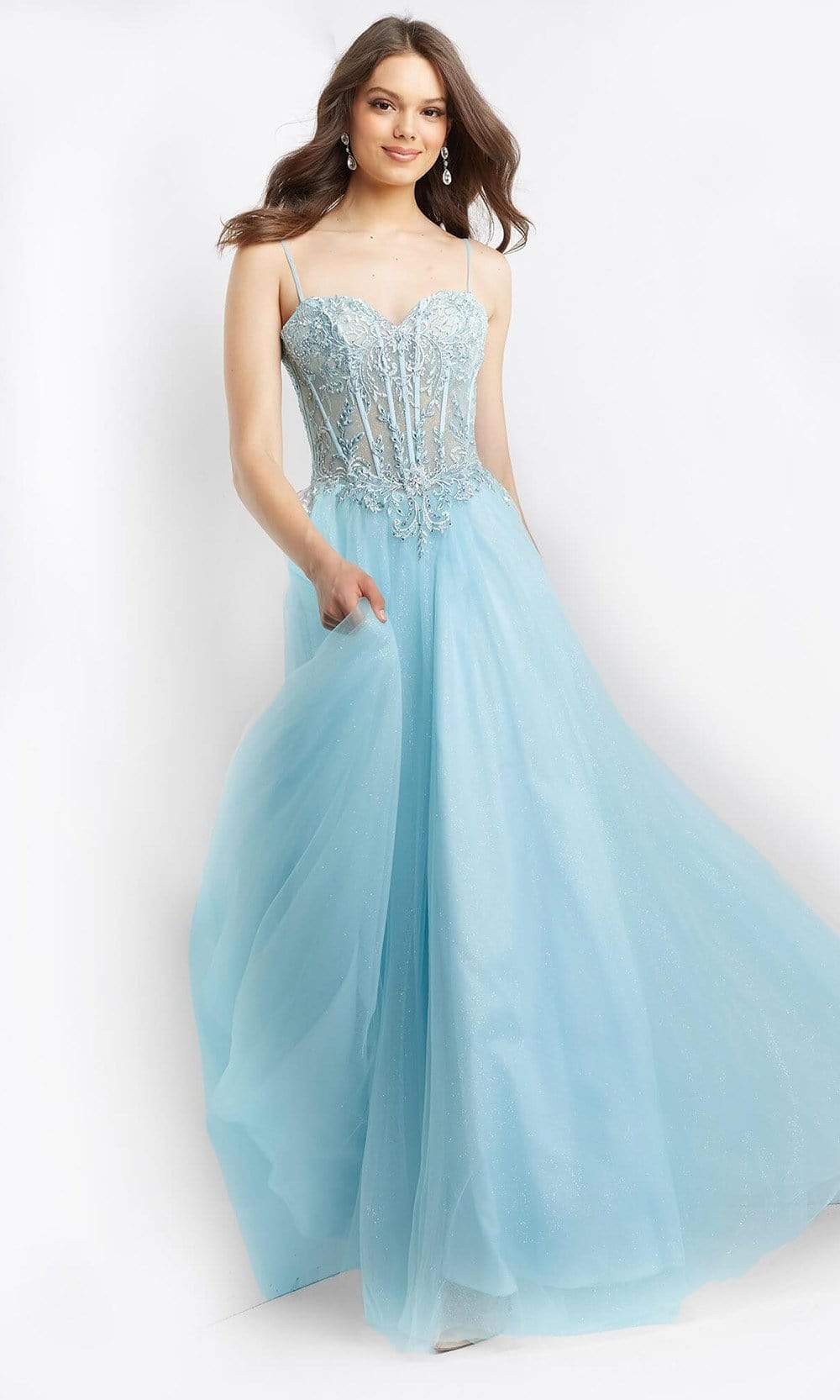 Jovani - JVN07394 Lace Appliqued Corset Gown Prom Dresses 00 / Light-Blue