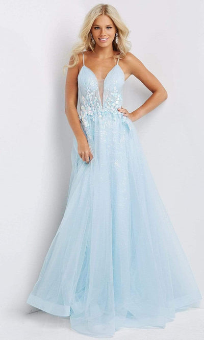 Jovani - JVN07637 Plunging V-Neck Floral Appliqued Gown Prom Dresses 00 / Light-Blue