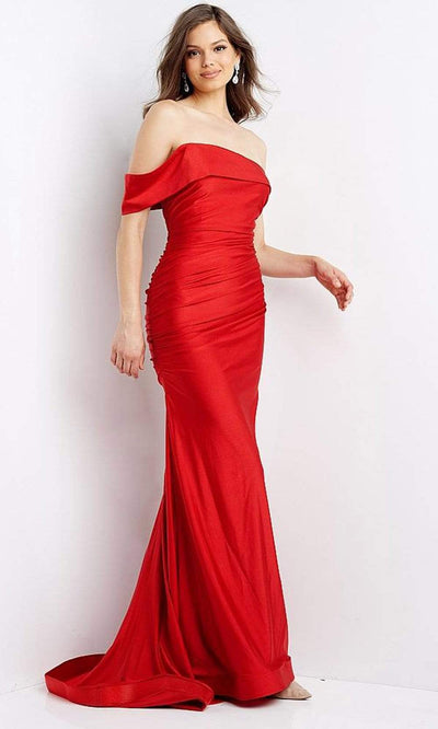 Jovani - JVN07640 Off Shoulder Ruched Mermaid Gown Special Occasion Dress 00 / Red