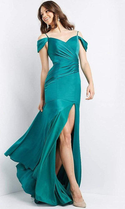 Jovani - JVN08414 Cold Shoulder Pleated Bodice High Slit Long Dress Special Occasion Dress 00 / Emerald