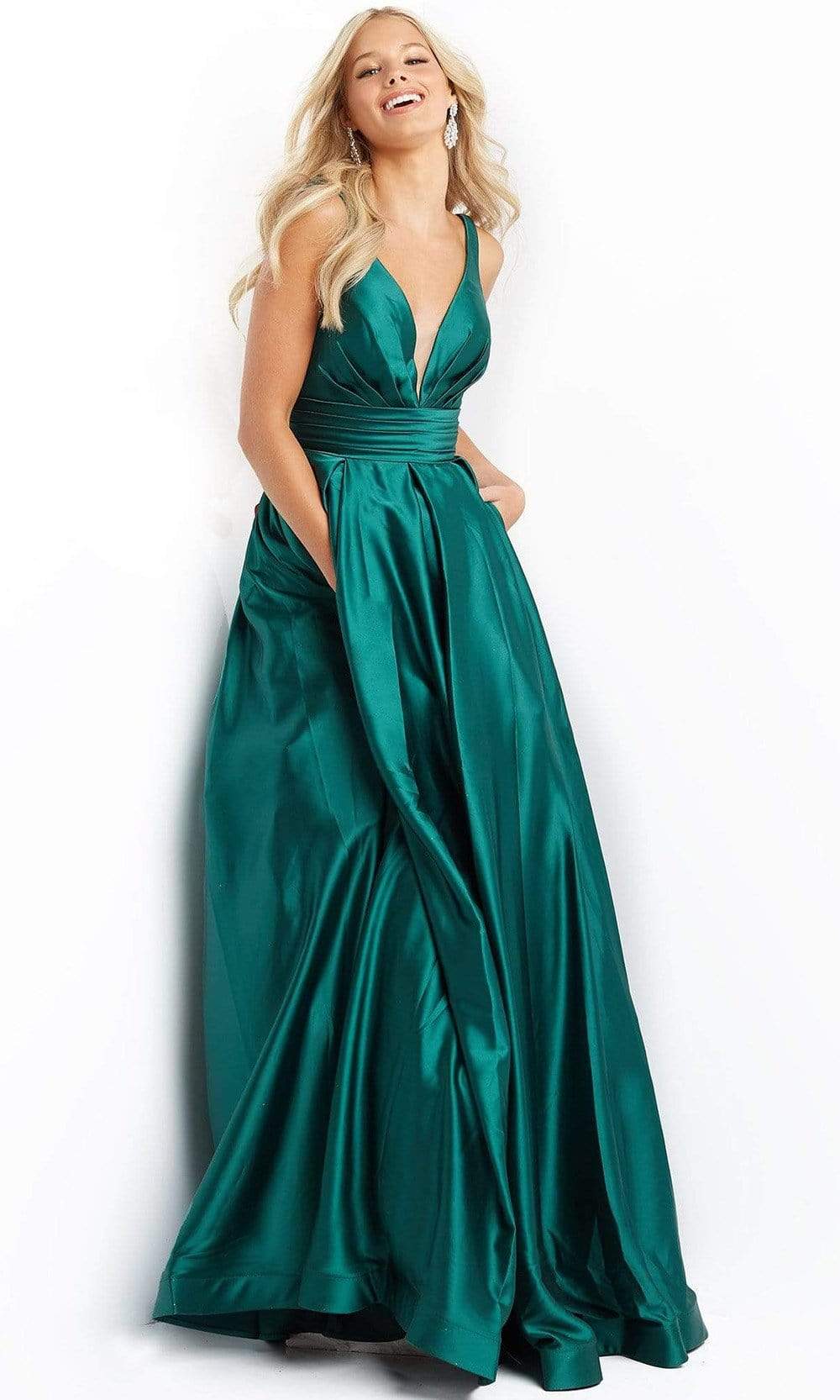 Jovani - JVN08419 Plunging Satin A-Line Gown Special Occasion Dress 00 / Emerald