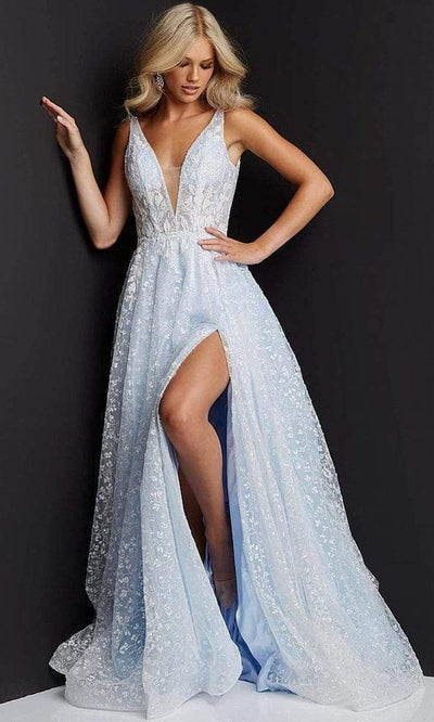 Jovani - JVN08421 Floral Slit A-line Plunging Gown Prom Dresses 00 / Light-Blue