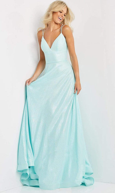 Jovani - JVN08490 V-Neck Back Cutout A-Line Dress Prom Dresses 00 / Aqua