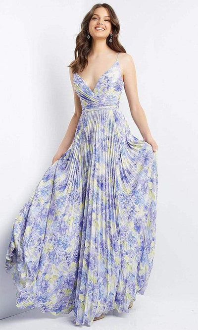 Jovani - JVN08491 V Neck Floral Print Pleated Gown Prom Dresses 00 / Lilac