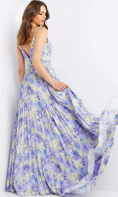 Jovani - JVN08491 V Neck Floral Print Pleated Gown Prom Dresses
