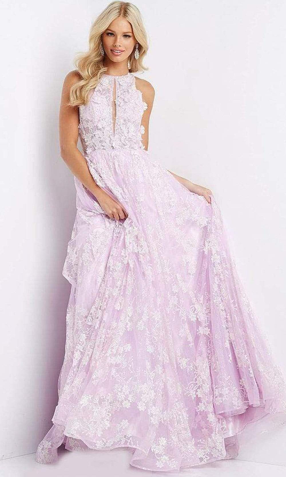 Jovani - JVN08567 Halter Floral A-line Gown Prom Dresses 00 / Pink