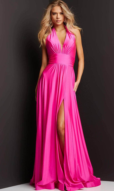 Jovani JVN08640 - Plunging Halter Prom Dress with Slit Prom Dresses