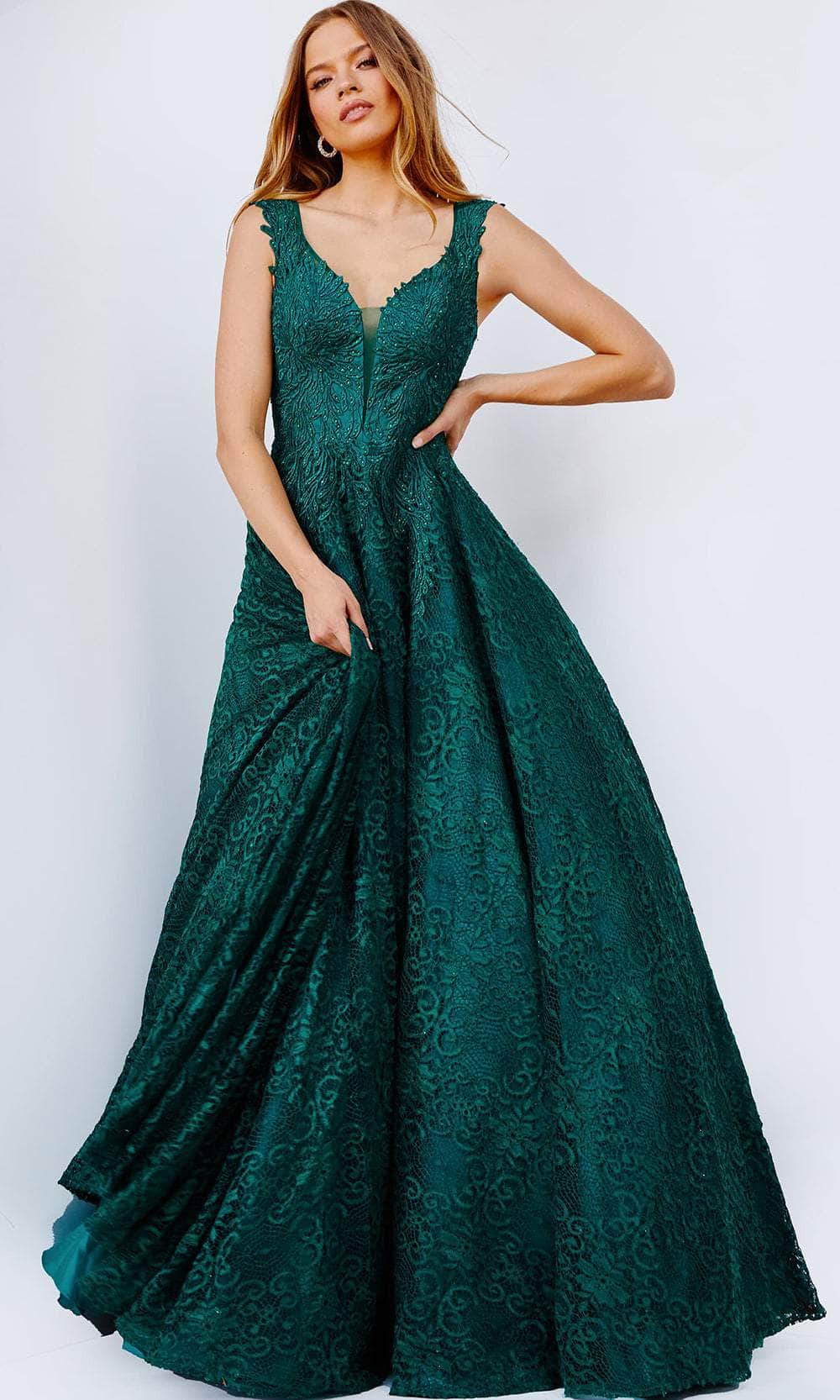 Jovani JVN09555 - Wide Strap Embroidered Ballgown Prom Dresses 00 / Emerald