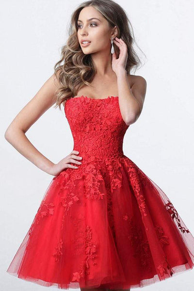 Jovani - JVN1830 Strapless Floral Lace Applique Tulle Cocktail Dress Cocktail Dresses 00 / Red