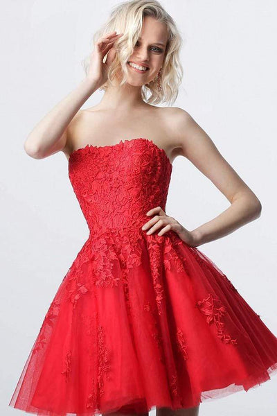 Jovani - JVN1830 Strapless Floral Lace Applique Tulle Cocktail Dress Cocktail Dresses