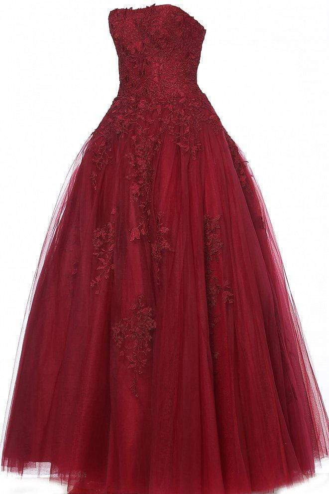 Jovani - JVN1831 Strapless Sweetheart Neckline Embroidered Tulle Gown Prom Dresses 00 / Burgundy