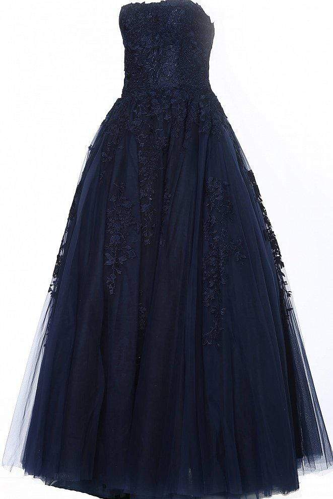 Jovani - JVN1831 Strapless Sweetheart Neckline Embroidered Tulle Gown Prom Dresses 00 / Navy