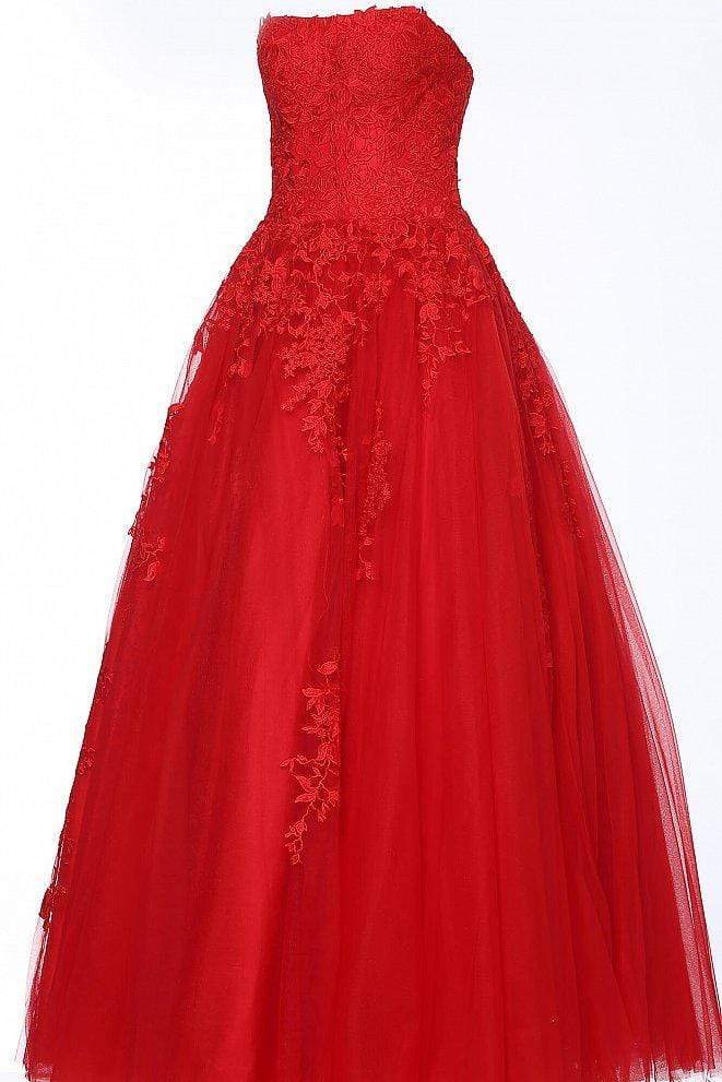Jovani - JVN1831 Strapless Sweetheart Neckline Embroidered Tulle Gown Prom Dresses 00 / Red