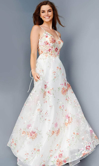 Jovani JVN23212 - Lace-Up Back Floral Prom Gown Prom Gown 00 / Off-White