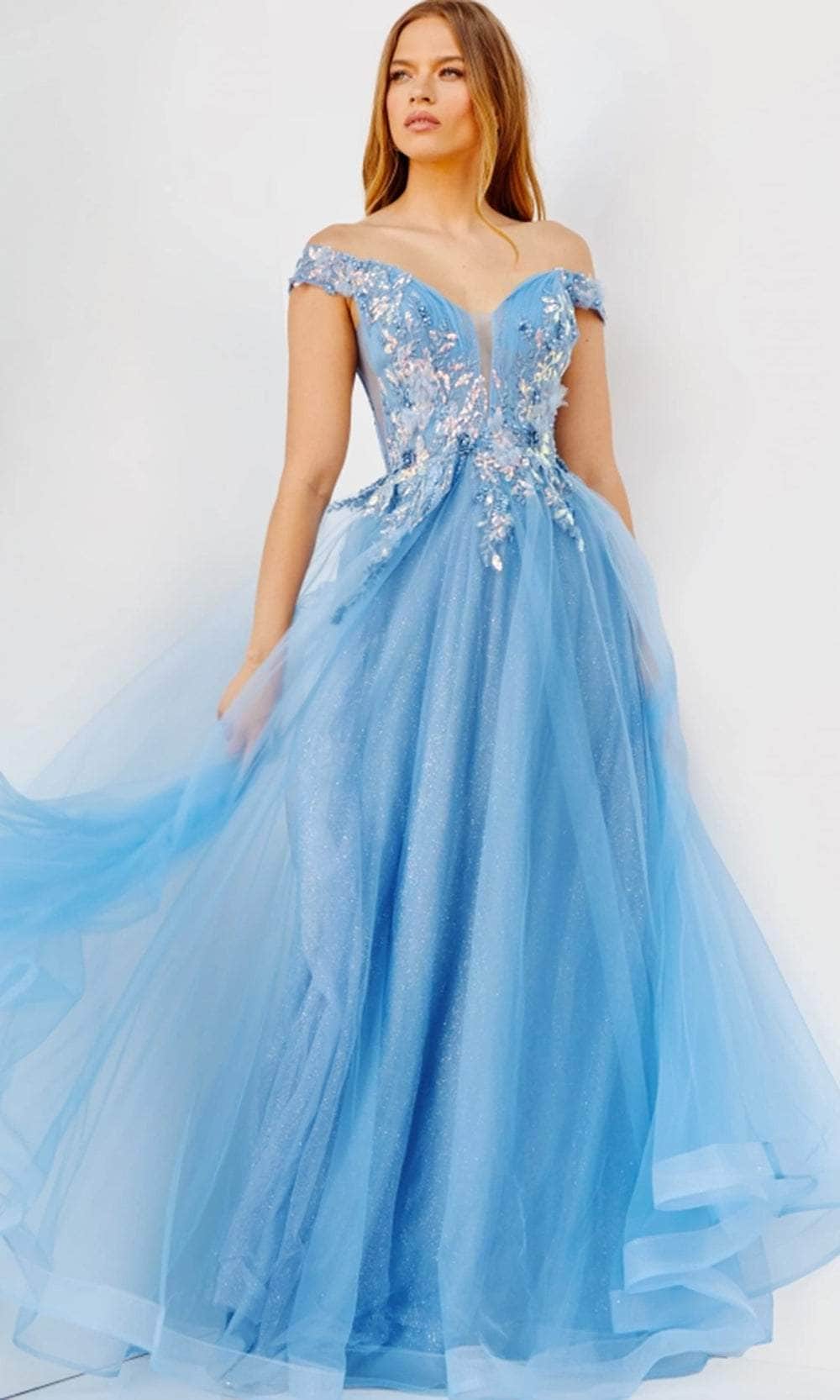 Jovani JVN23698 - Off-Shoulder Floral Embroidered Prom Dress Prom Dresses 00 / Sky-Blue