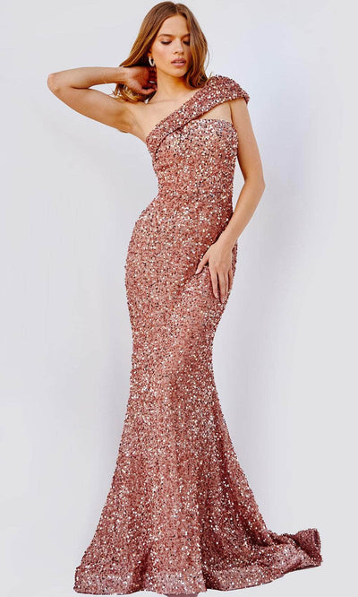 Jovani JVN23770 - Draped Shoulder Sequin Prom Dress Prom Dresses 00 / Copper