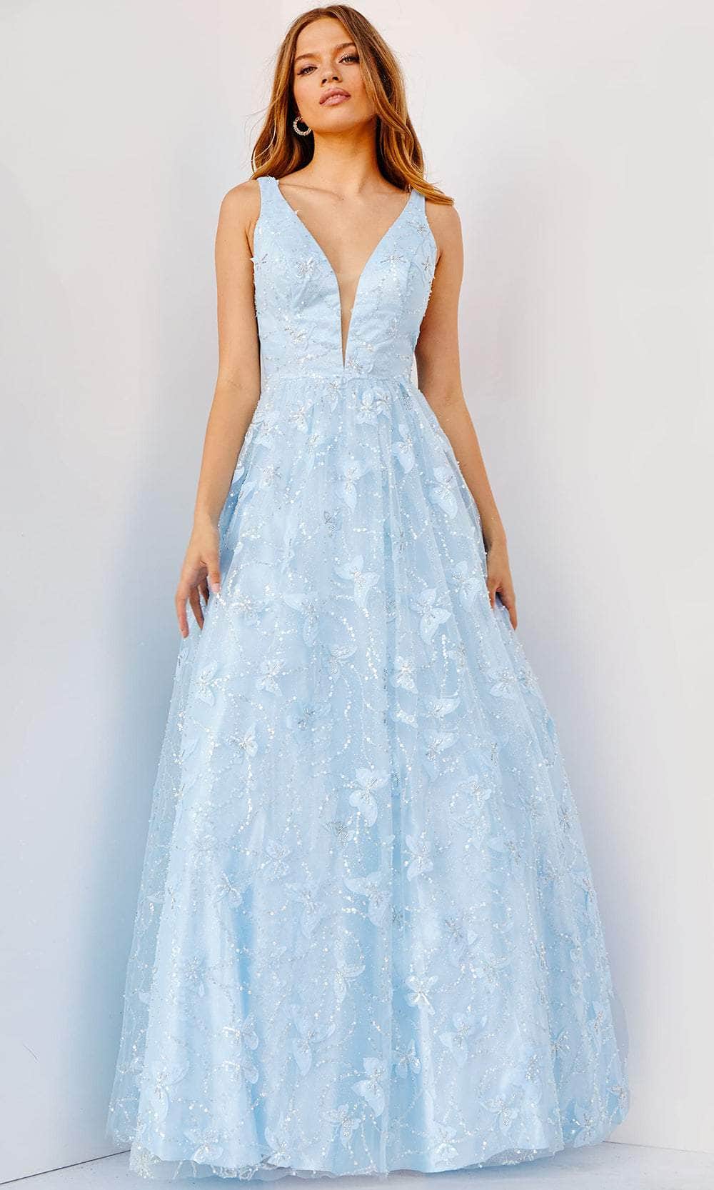 Jovani JVN24182 - V-Neck Butterfly Applique Prom Gown Prom Gown 00 / Light-Blue