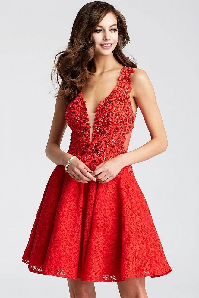 Jovani - JVN45264 Lace V-Neck A-Line Dress Special Occasion Dress 0 / Red